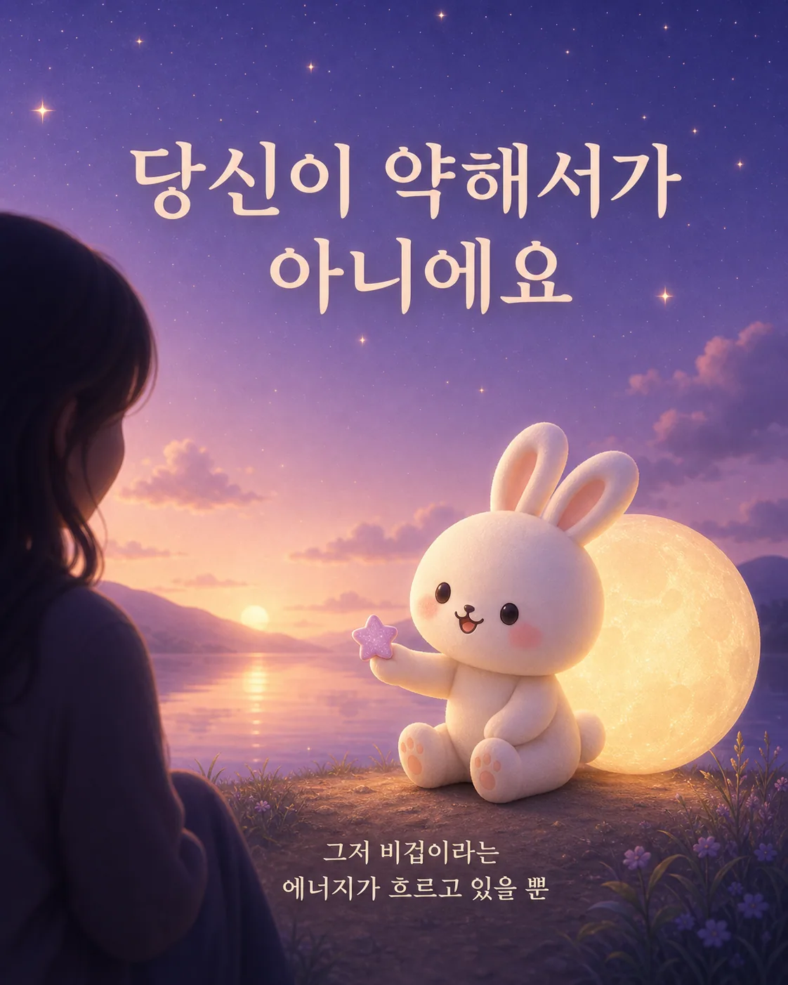 토끼가 별 모양 조각을 건네며 위로를 건네는 듯한 따뜻한 분위기의 일러스트