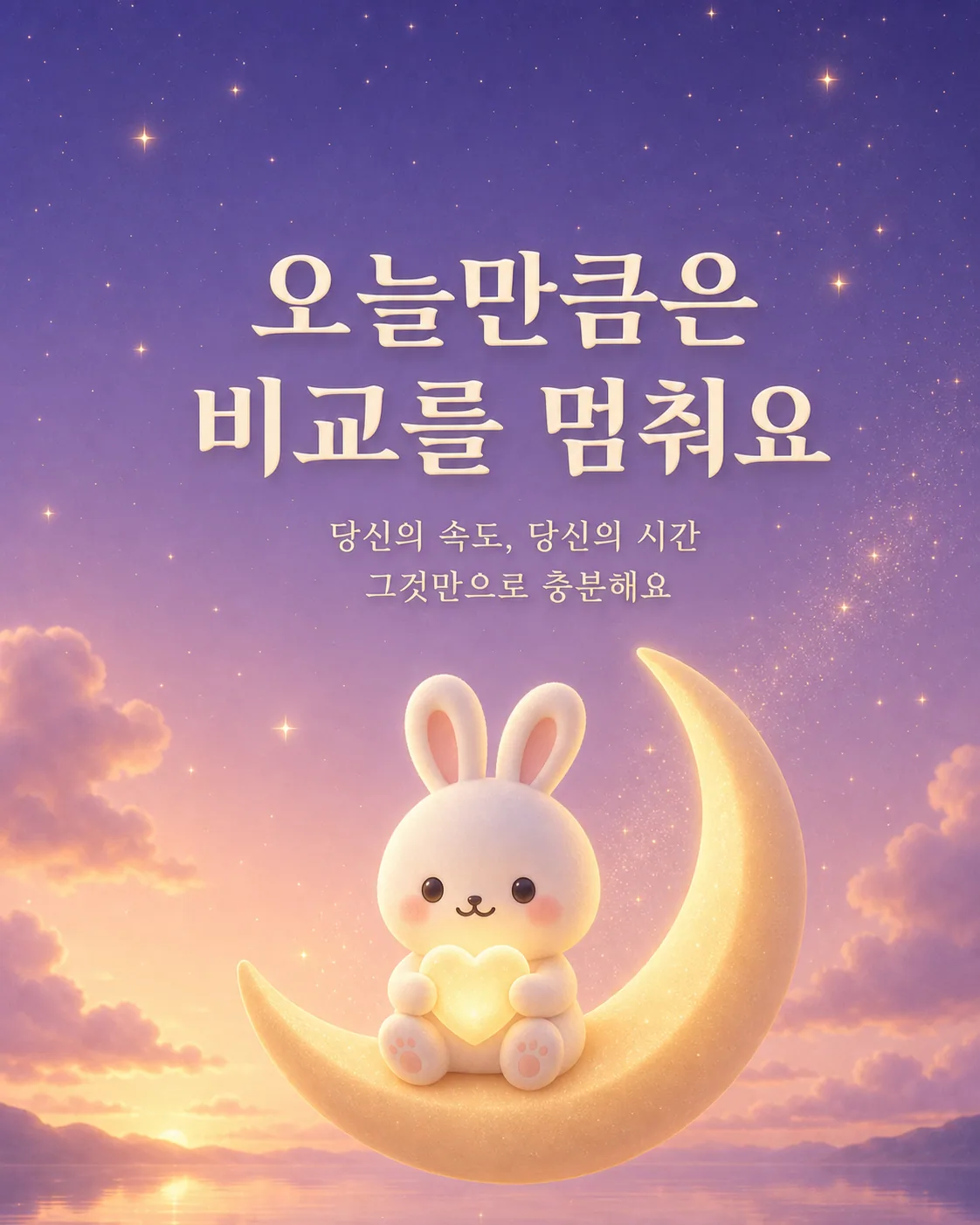 초승달 위에 앉은 토끼가 하트 모양의 빛을 소중하게 안고 있는 모습