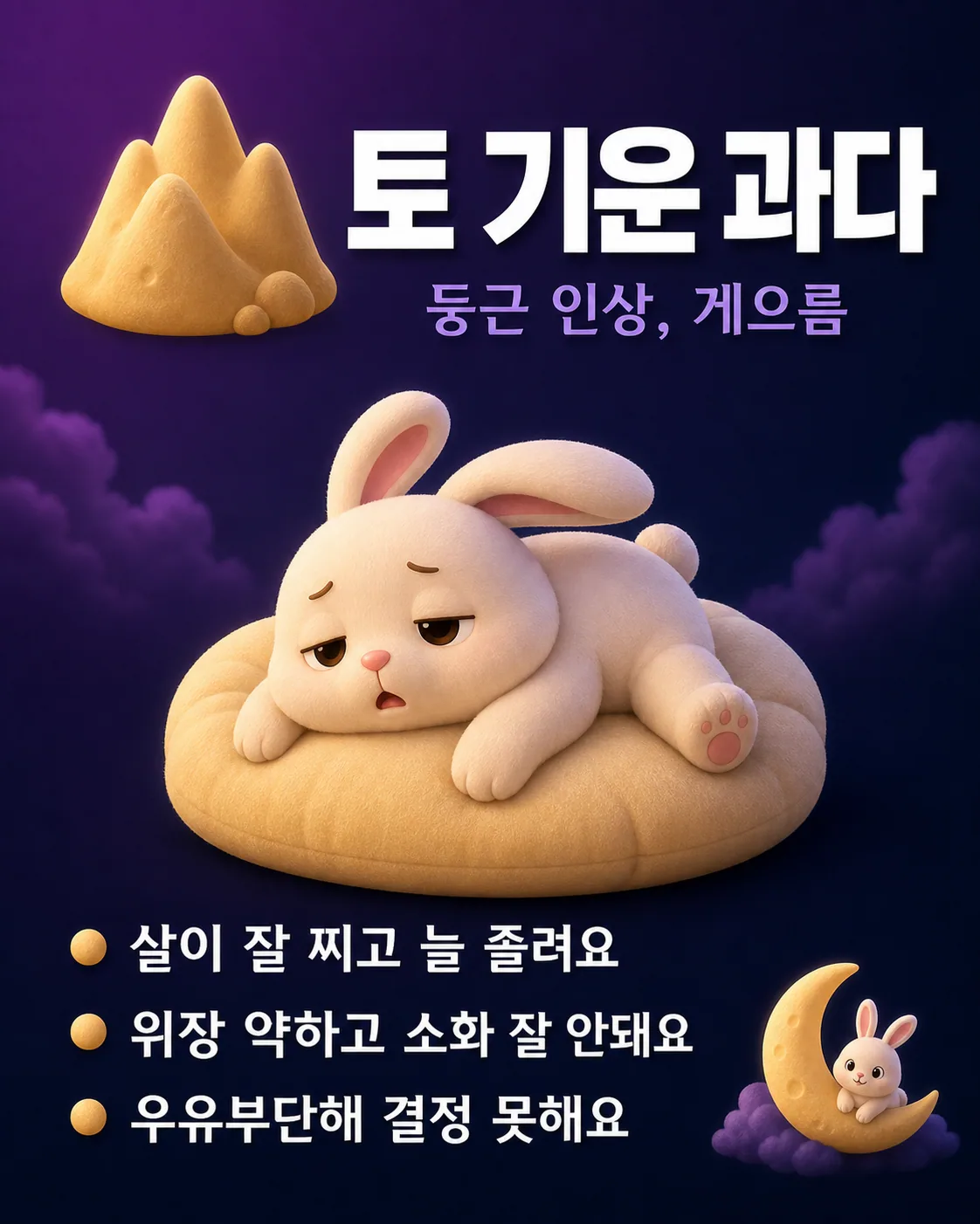 둥근 산 모양 아이콘 아래 졸고 있는 토끼 캐릭터와 '토 기운 과다'라는 글씨