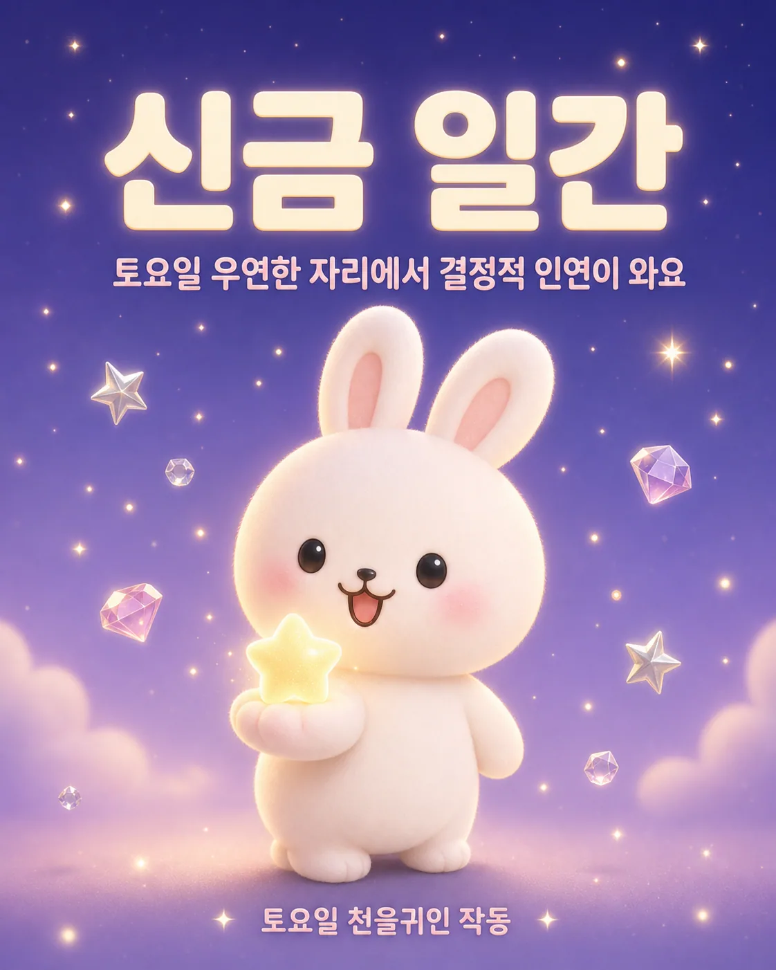 주변에 빛나는 별과 보석들이 떠다니는 가운데 빛나는 별 모양을 들고 있는 토끼