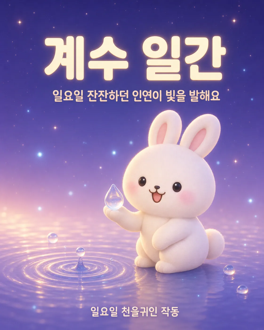 잔잔한 물가 위에서 투명한 물방울을 손에 올리고 미소 짓는 토끼