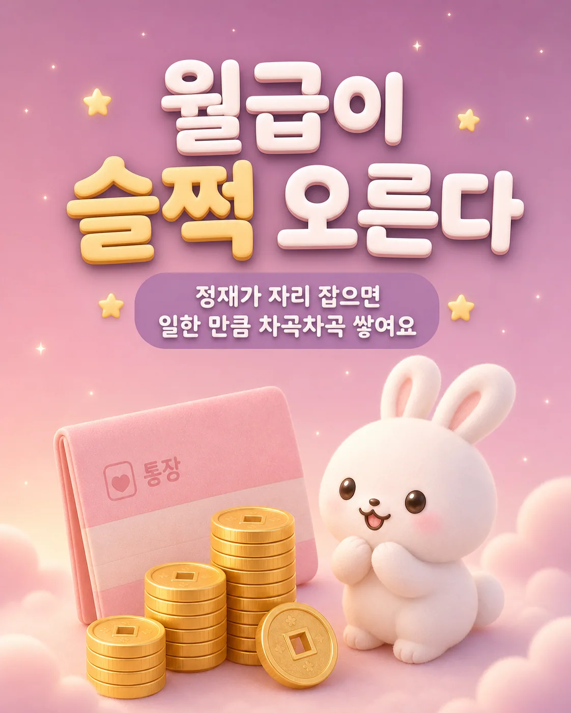 핑크색 통장 옆에 금화가 차곡차곡 쌓여있고 이를 보며 기뻐하는 토끼