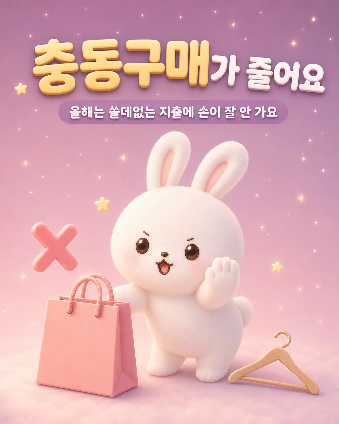 분홍색 쇼핑백 옆에서 한 손을 들어 거절의 의사를 밝히는 토끼와 X자 표시