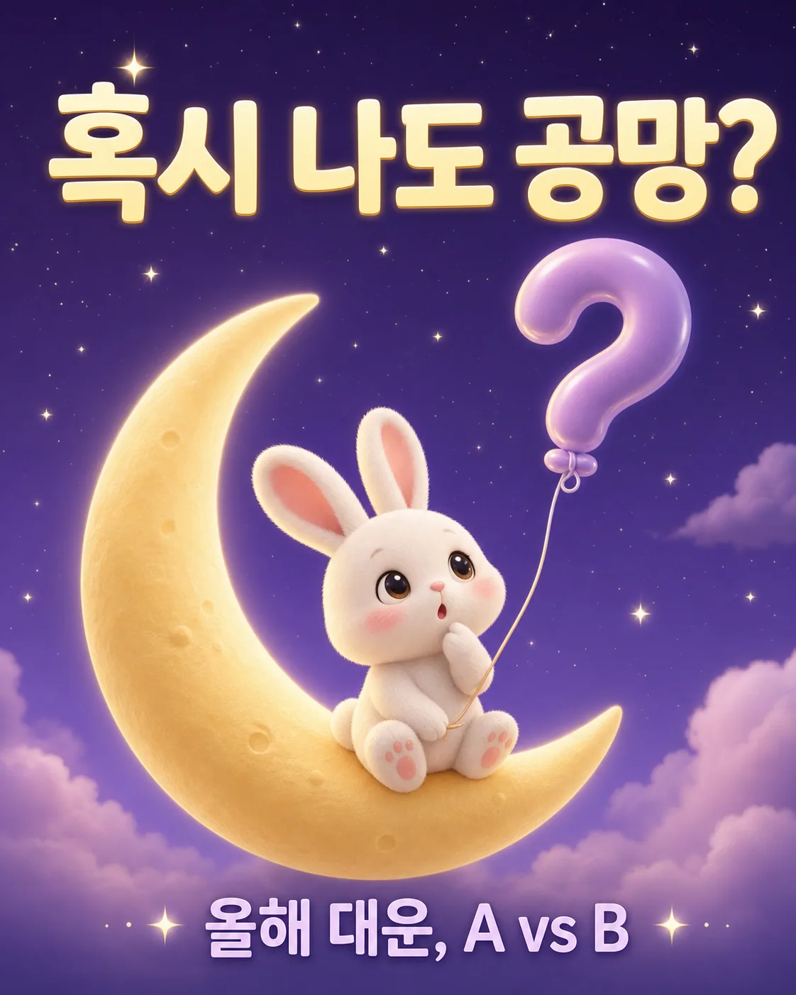 밤하늘의 초승달 위에 앉아 물음표 풍선을 들고 고민하는 하얀 토끼 캐릭터