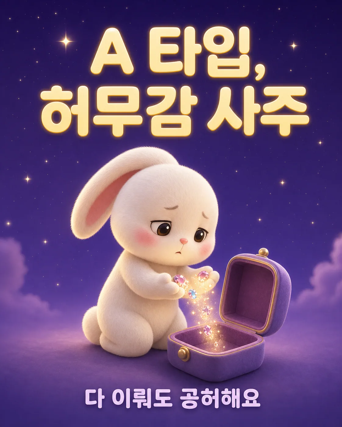 보라색 보석함을 열고 안에 든 작은 보석들을 꺼내며 슬픈 표정을 짓는 토끼