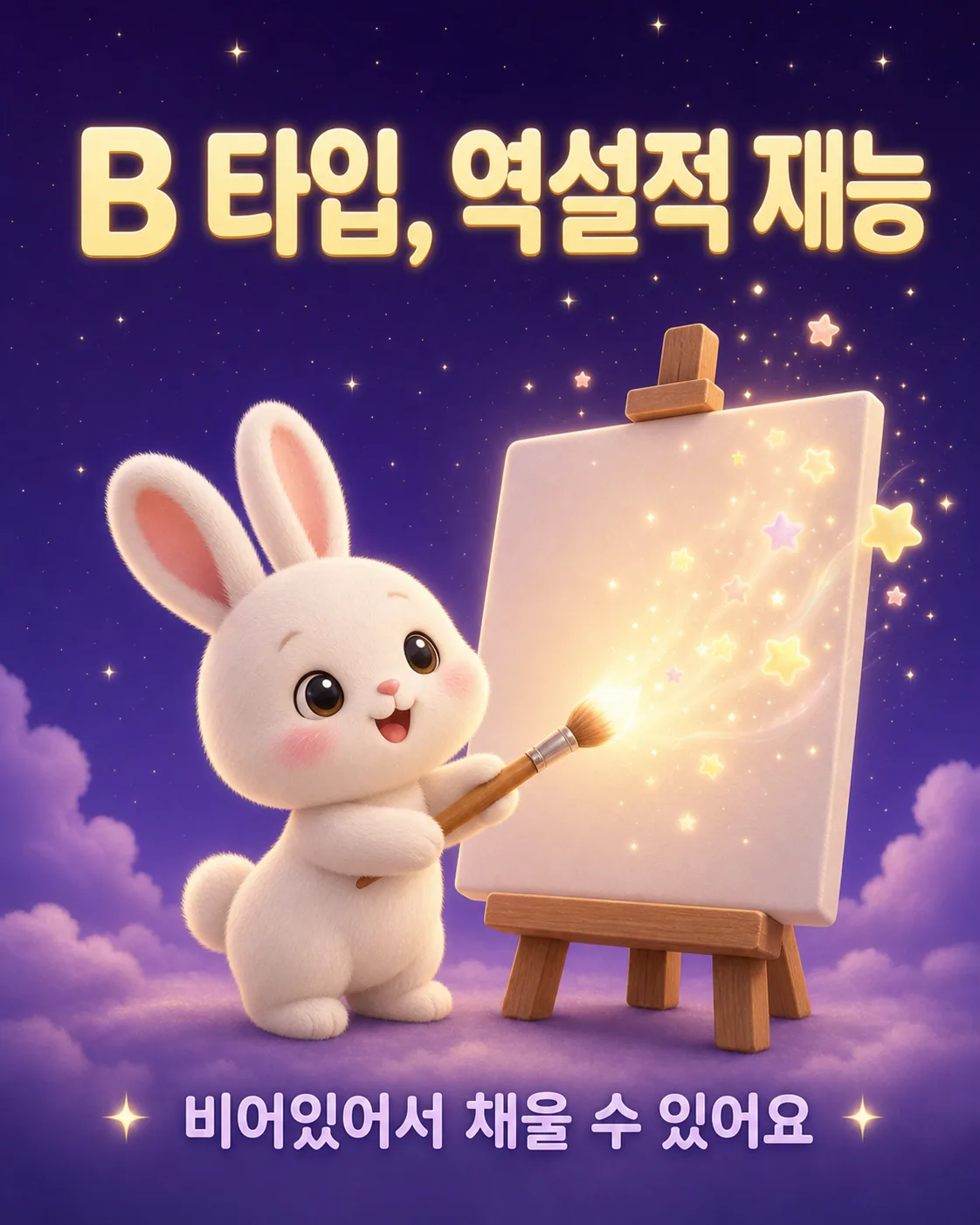 붓을 들고 캔버스에 별빛 가루를 그려 넣으며 행복하게 웃고 있는 토끼