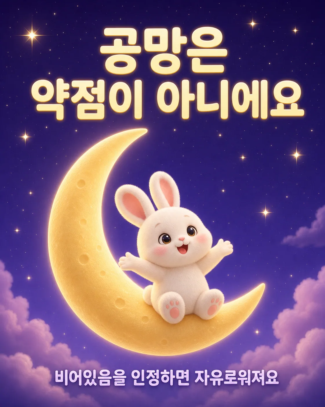 밤하늘 초승달 위에 앉아 양팔을 벌리고 활짝 웃으며 즐거워하는 토끼
