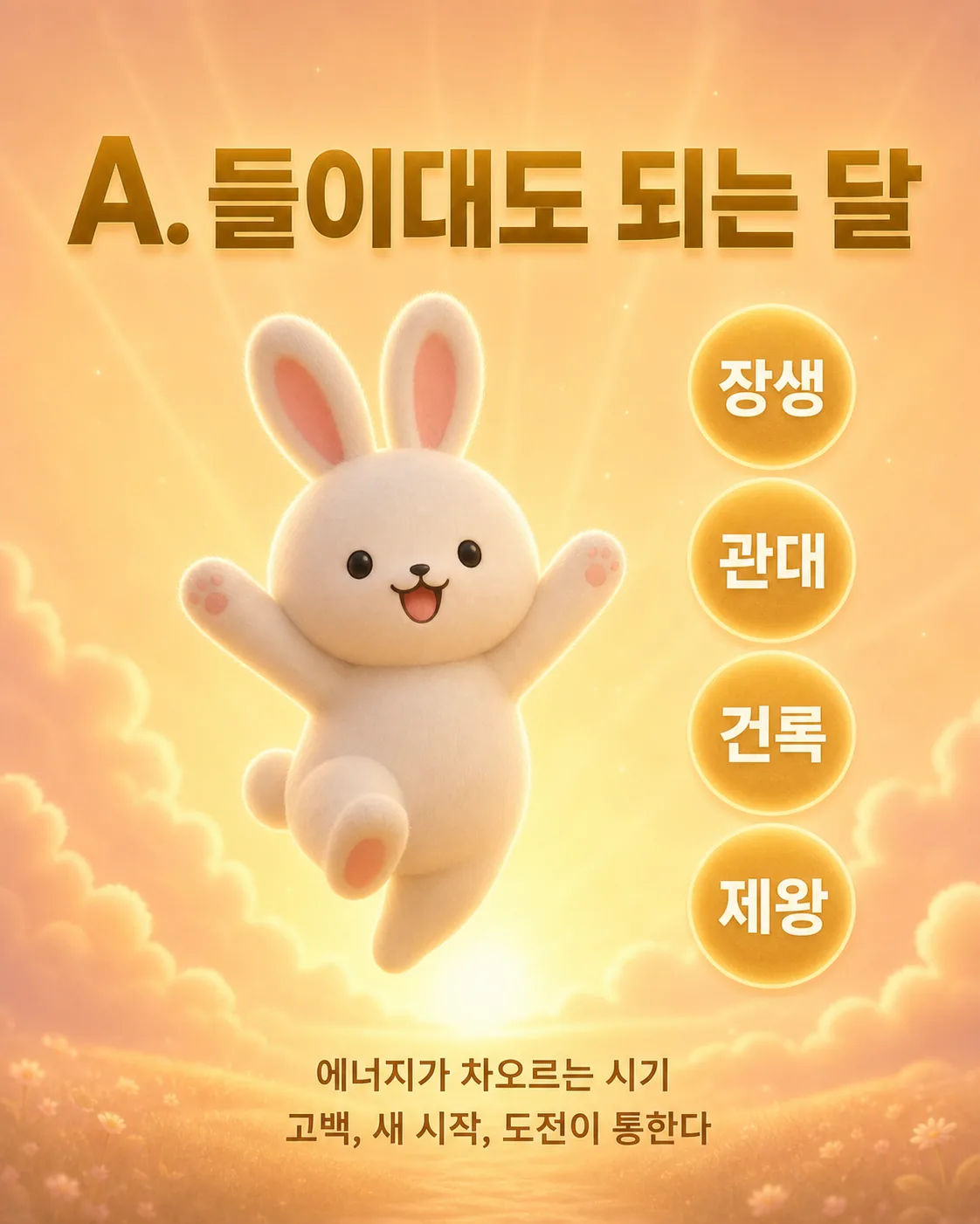 두 팔을 벌리고 기분 좋게 점프하며 환하게 웃고 있는 하얀 토끼와 장생, 관대, 건록, 제왕 글자가 적힌 노란 빛의 원형 아이콘들