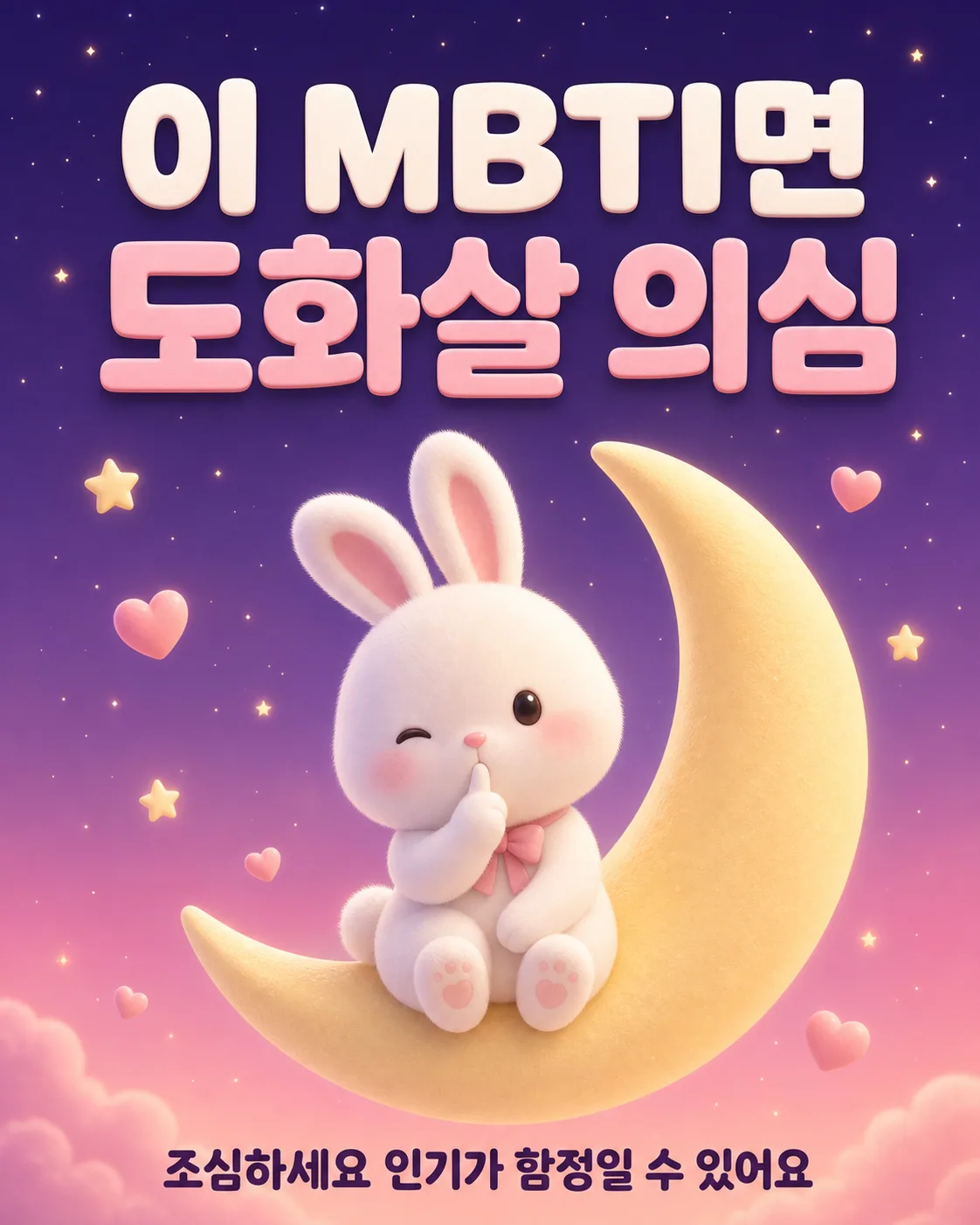 보랏빛 밤하늘을 배경으로 초승달 위에 앉아 입술에 손가락을 대고 윙크하는 귀여운 토끼