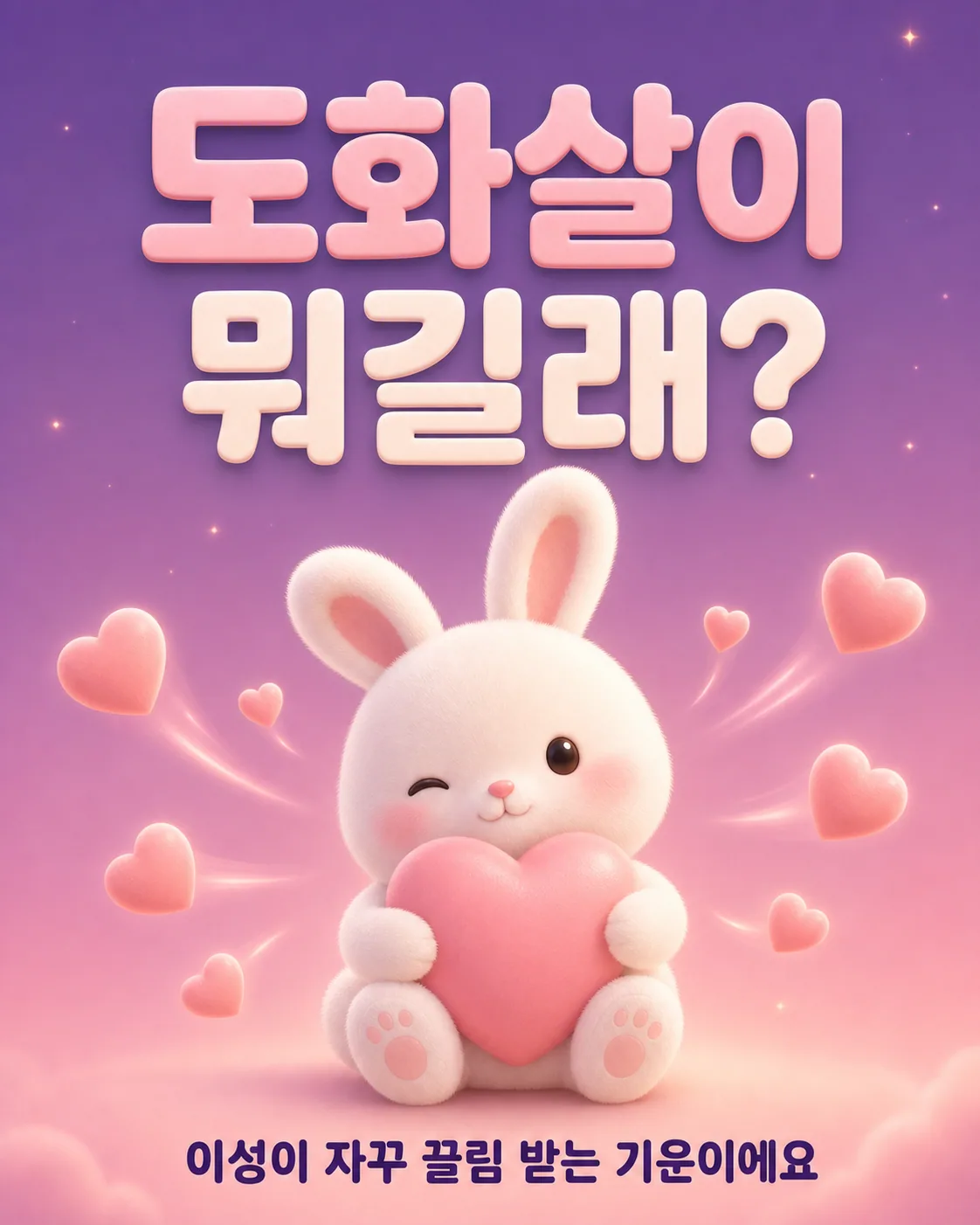 보랏빛 밤하늘 아래 분홍색 하트를 소중하게 안고 윙크하며 웃고 있는 귀여운 토끼