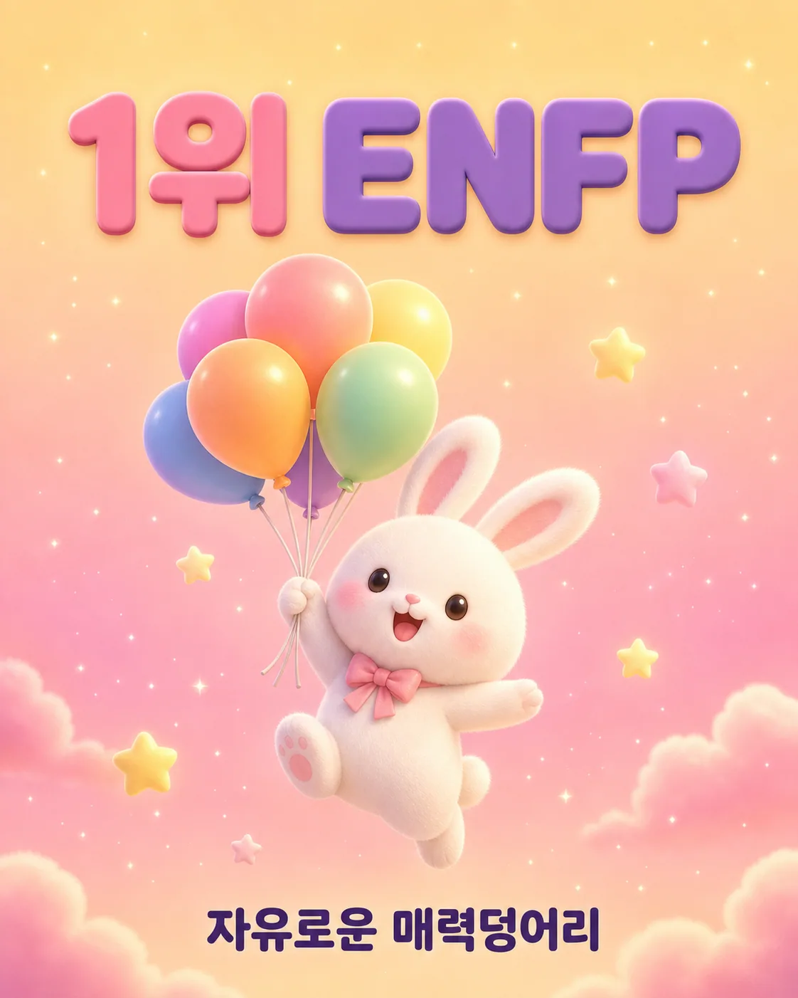 알록달록한 풍선을 여러 개 들고 하늘을 날며 환하게 웃고 있는 토끼