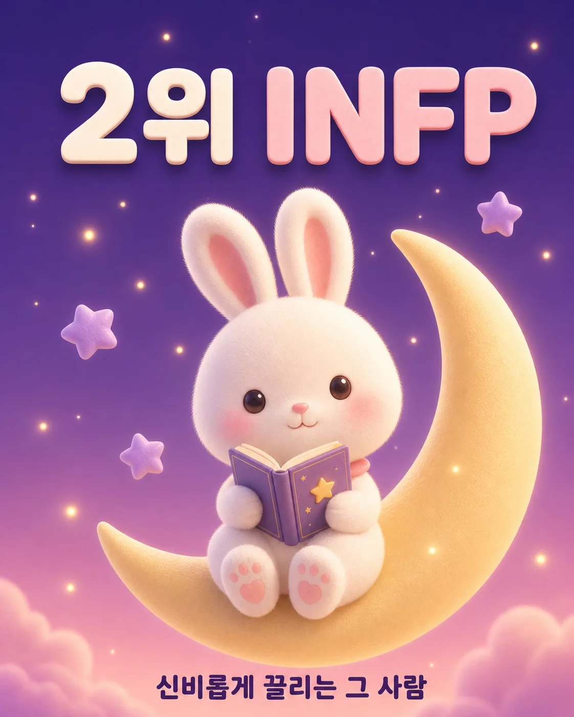 보랏빛 밤하늘 아래 초승달에 앉아 신비로운 별 문양이 그려진 책을 읽고 있는 토끼