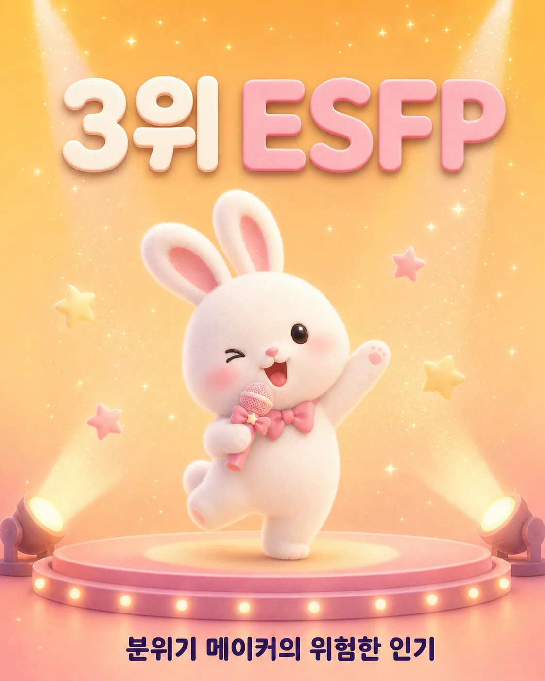 핑크색 무대 위에서 마이크를 잡고 노래를 부르며 윙크하는 토끼