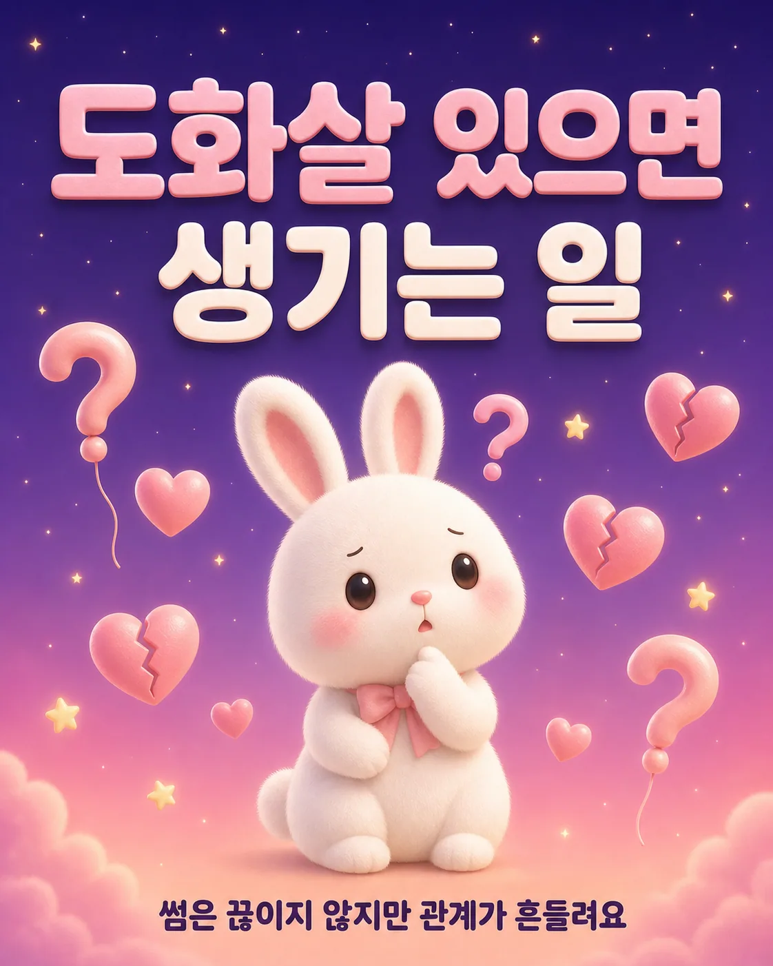 보랏빛 밤하늘 아래 물음표 풍선과 깨진 하트들 사이에서 고민하는 표정의 토끼