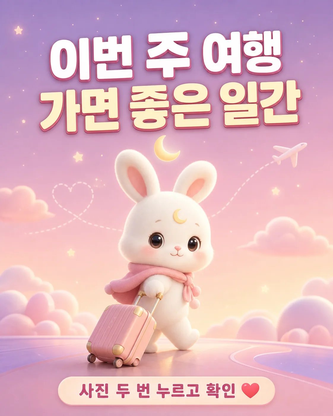 분홍색 여행 가방을 끌고 별이 빛나는 하늘 아래를 걷는 귀여운 흰 토끼 캐릭터