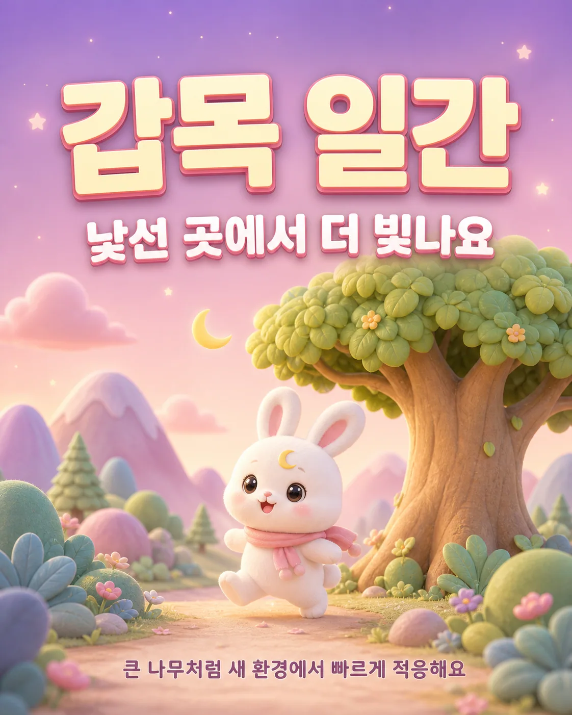 푸른 나무와 산을 배경으로 활기차게 달리는 귀여운 흰 토끼 캐릭터