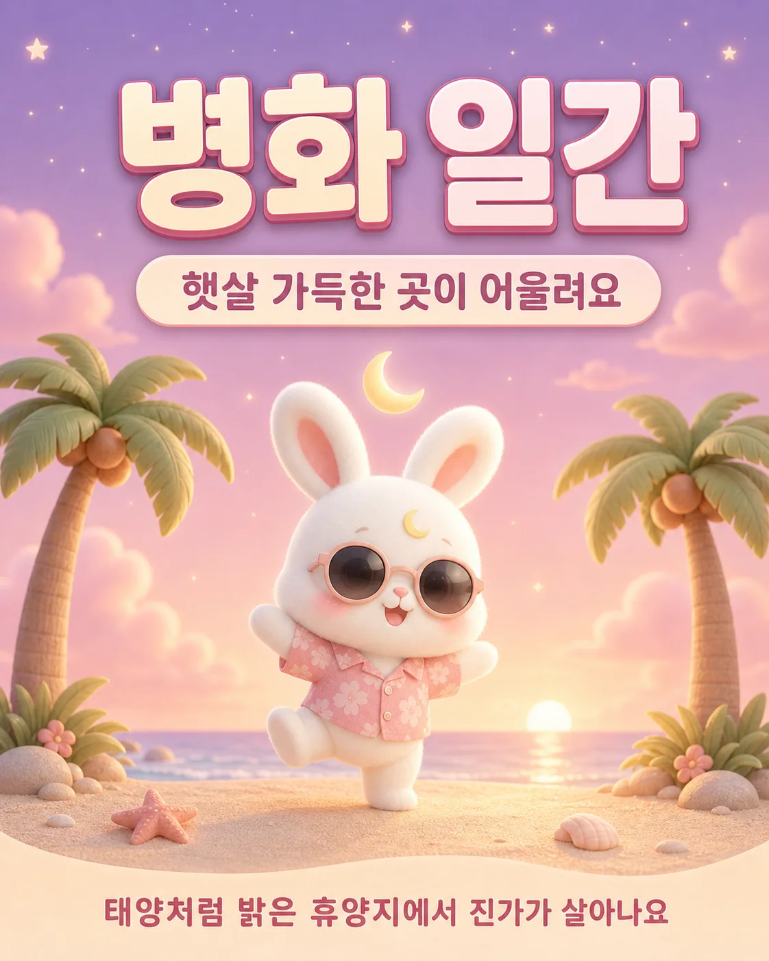 선글라스를 쓰고 꽃무늬 셔츠를 입은 토끼가 해변에서 신나게 춤추는 모습