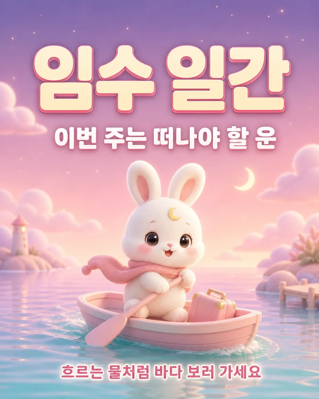 바다 위에서 분홍색 작은 배를 타고 노를 젓는 귀여운 흰 토끼 캐릭터