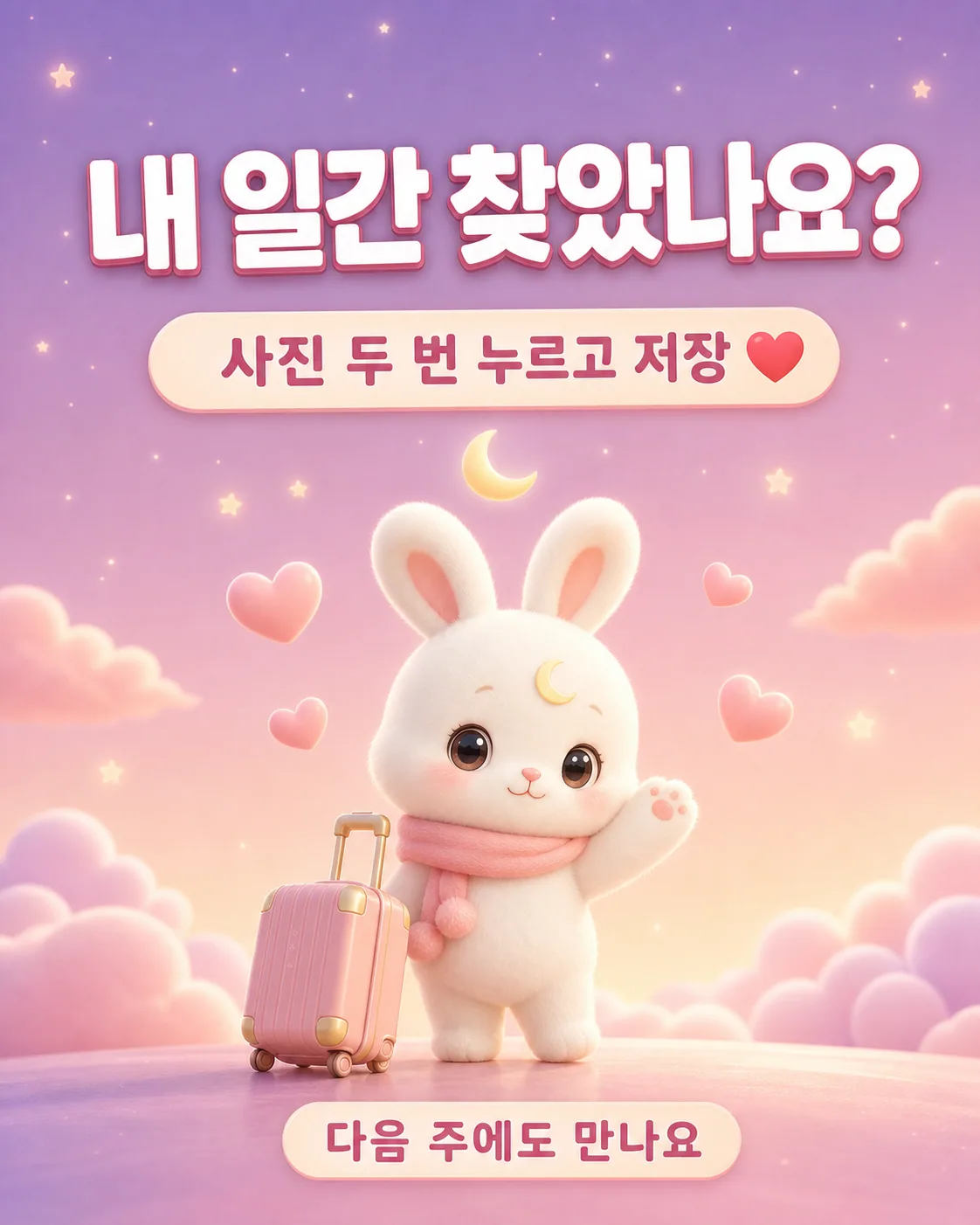 분홍색 여행 가방 옆에서 손을 흔들며 배웅하는 귀여운 흰 토끼와 하트