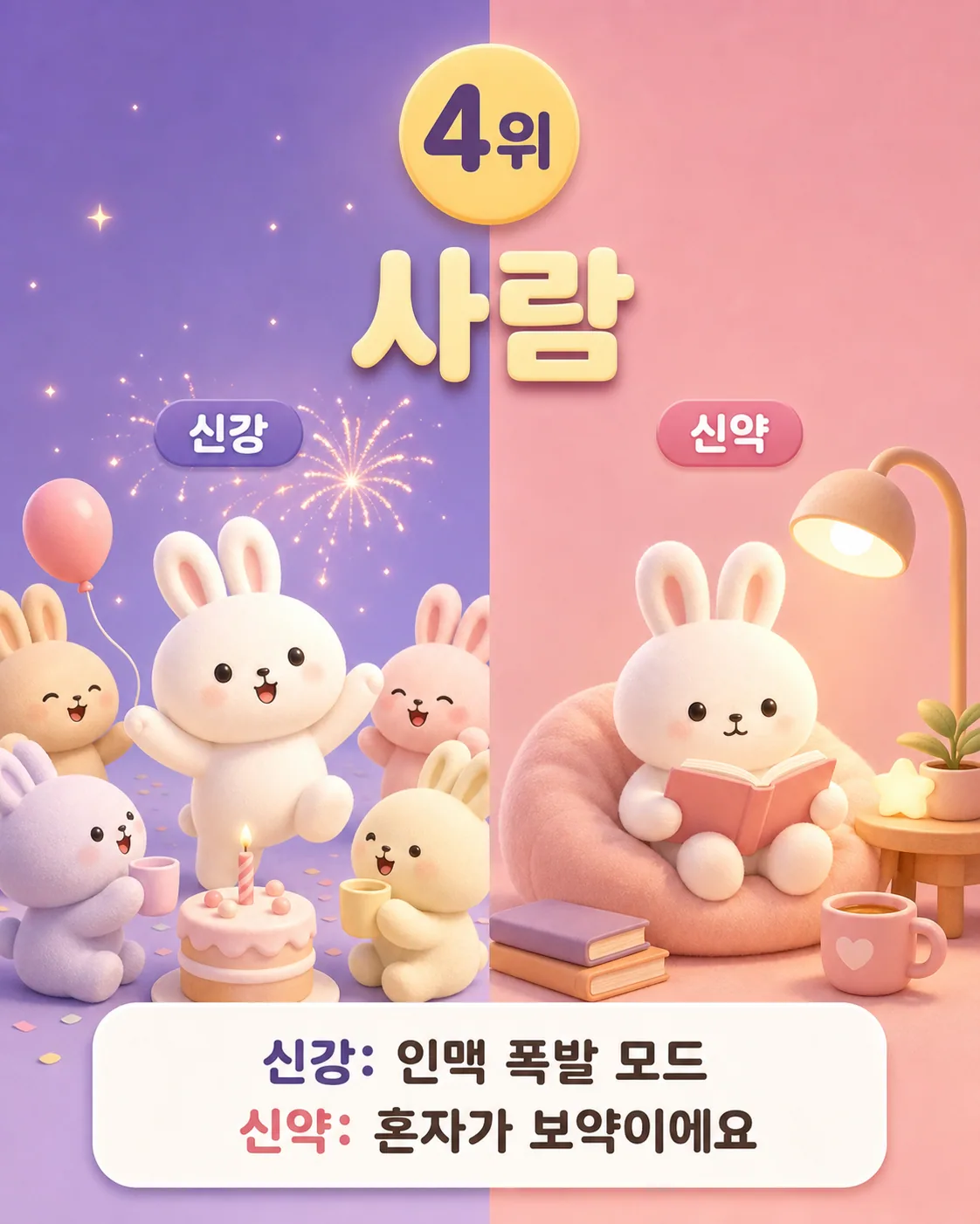 왼쪽은 파티를 즐기는 토끼들, 오른쪽은 혼자 책을 읽는 토끼가 그려진 사람 관계 주제 이미지