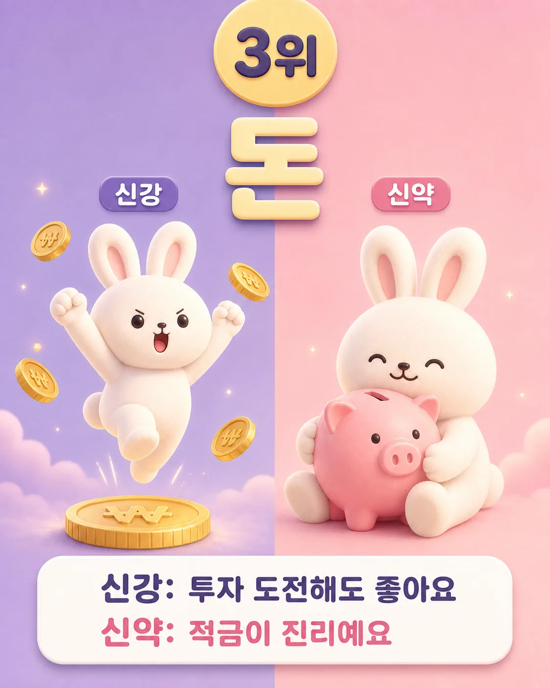 왼쪽은 동전을 흩뿌리며 좋아하는 토끼, 오른쪽은 저금통을 소중히 안고 있는 토끼가 그려진 돈 주제 이미지