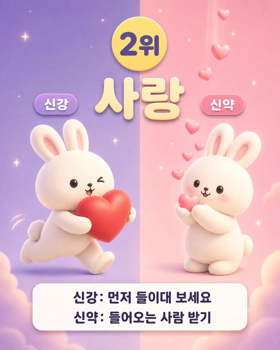 왼쪽은 하트를 들고 달려가는 토끼, 오른쪽은 하트를 건네받는 토끼가 그려진 사랑 주제 이미지