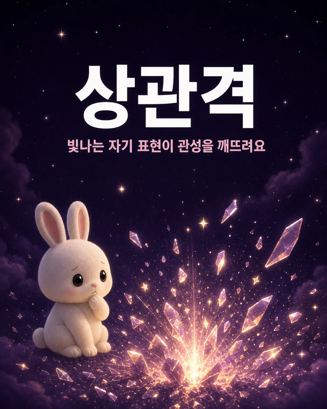 밤하늘 아래 하얀 토끼가 반짝이는 보석 조각들을 바라보며 생각에 잠겨있는 모습