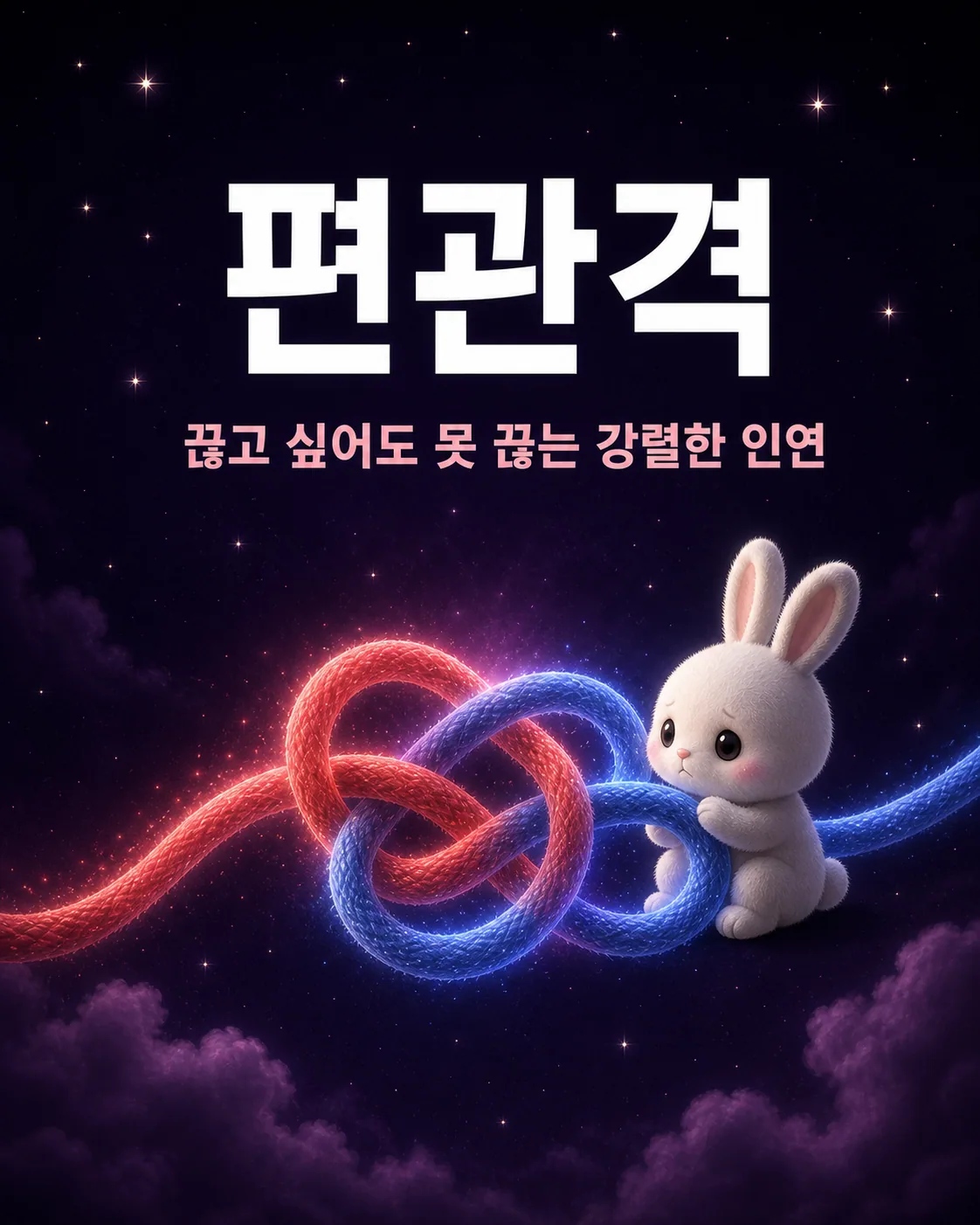밤하늘 아래 토끼가 빨간색과 파란색 끈이 복잡하게 묶인 매듭을 잡고 있는 모습