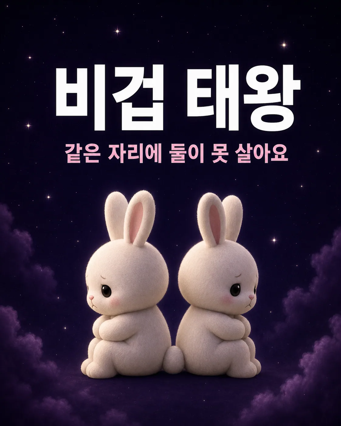 밤하늘 아래 두 마리의 하얀 토끼가 서로 등을 맞대고 슬픈 표정으로 앉아있는 모습