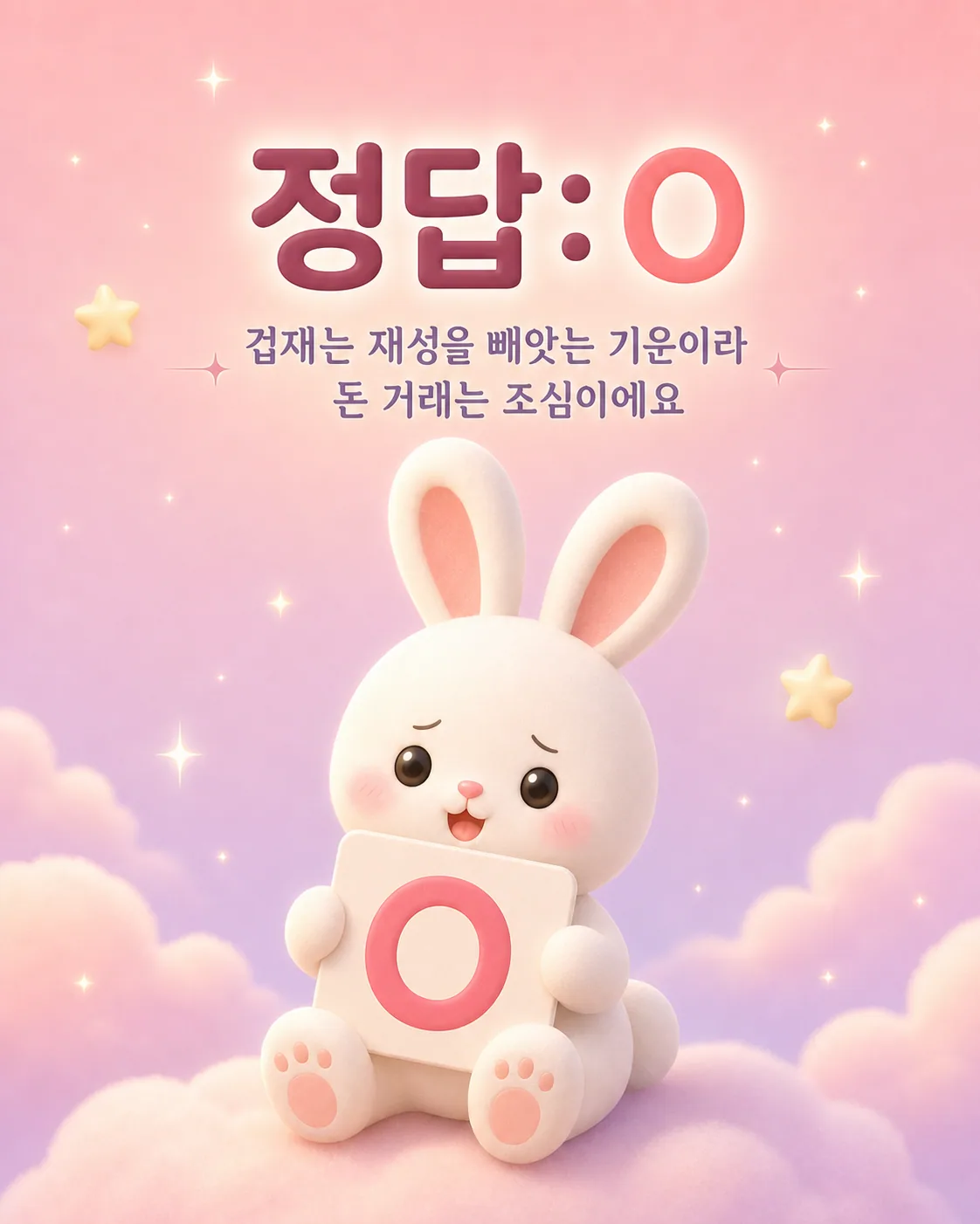 O 카드를 들고 조금 걱정스러운 듯한 표정을 짓는 토끼와 '돈 거래는 조심하세요'라는 문구