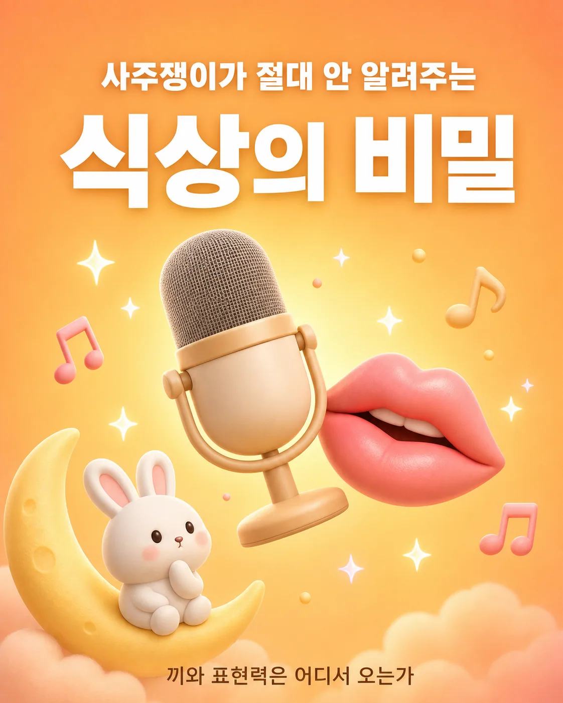 노란 달 위에 앉은 토끼 옆으로 마이크와 입술 모양이 떠 있고 주변에 음표가 그려진 모습