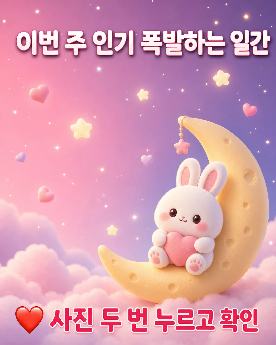 분홍빛 하늘의 초승달 위에 앉아 하트 인형을 안고 있는 귀여운 토끼 캐릭터