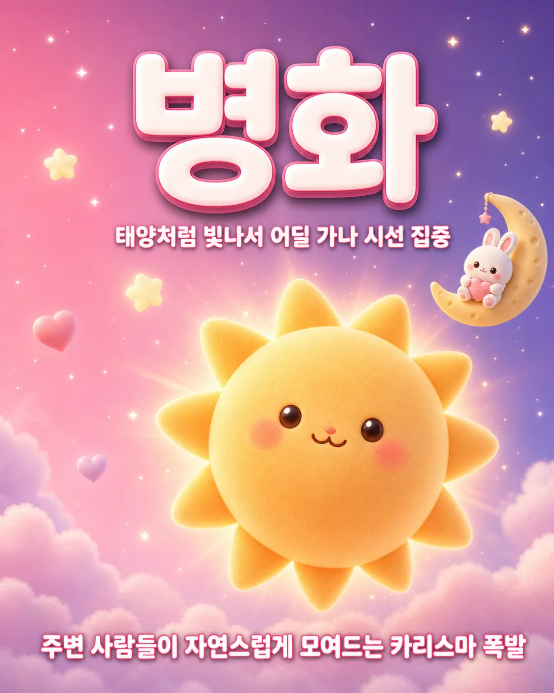 귀여운 태양 캐릭터와 함께 병화라는 글자가 적힌 하늘 배경의 일러스트