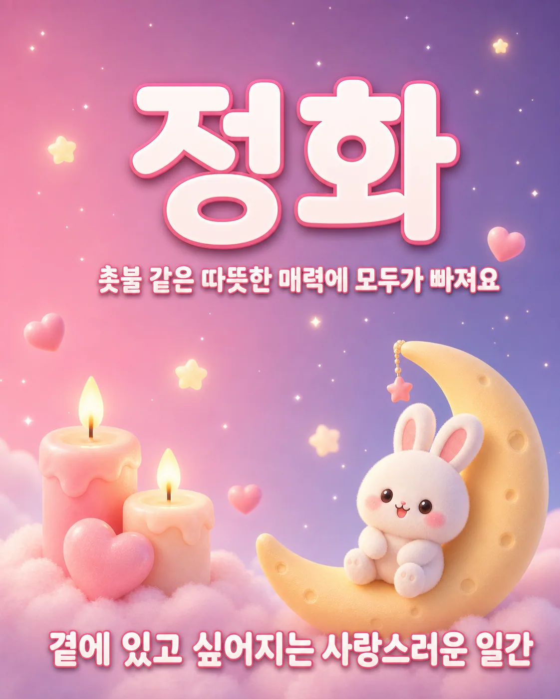 두 개의 촛불과 하트가 그려진 정화라는 글자의 아기자기한 일러스트