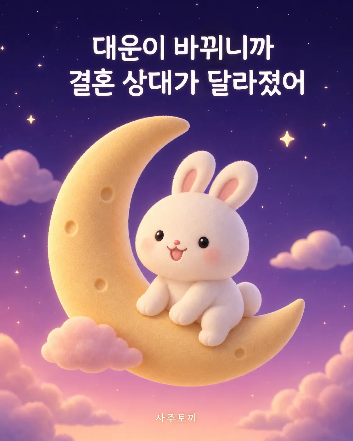 보랏빛 밤하늘의 초승달 위에 귀여운 흰 토끼가 앉아 웃고 있는 모습
