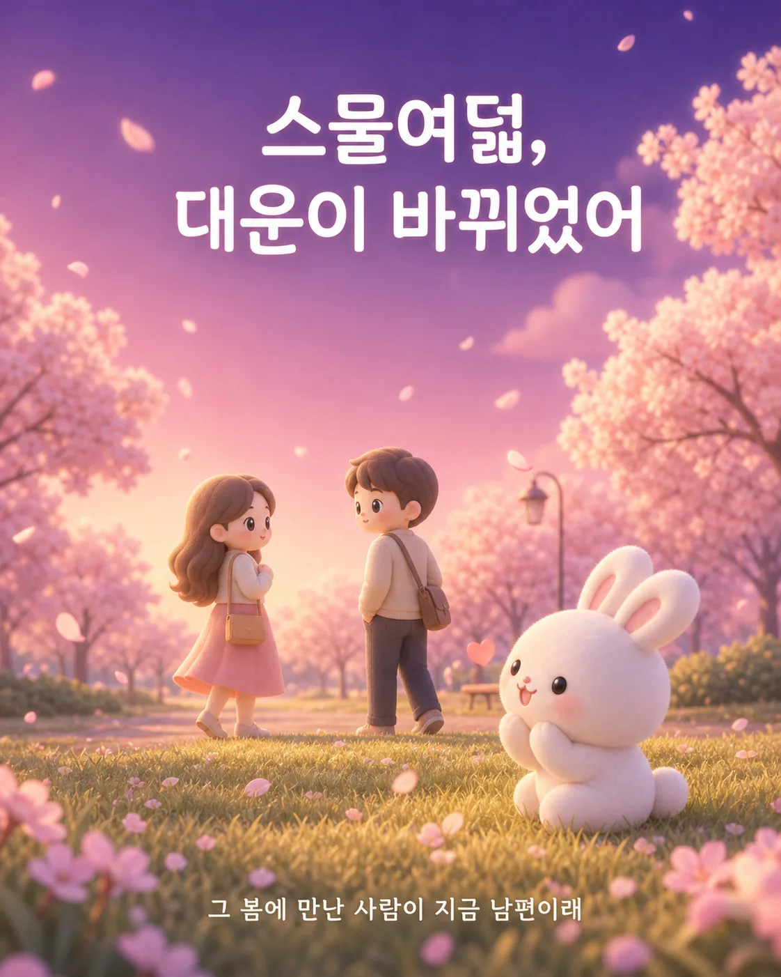 벚꽃이 흩날리는 공원에서 서로를 마주 보고 서 있는 남녀와 그 옆의 토끼