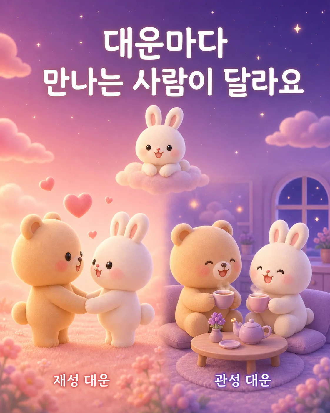 재성 대운에는 하트를 주고받는 곰과 토끼, 관성 대운에는 차를 마시며 대화하는 곰과 토끼