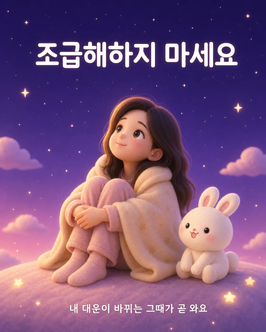 포근한 담요를 두르고 밤하늘의 별을 바라보는 여성과 토끼