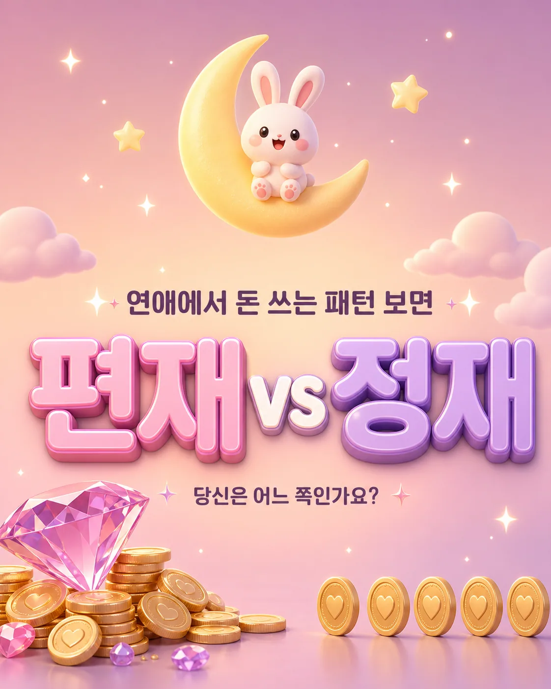 초승달 위에 앉은 귀여운 토끼와 하트가 그려진 금화, 분홍색 배경의 연애 패턴 테마 이미지