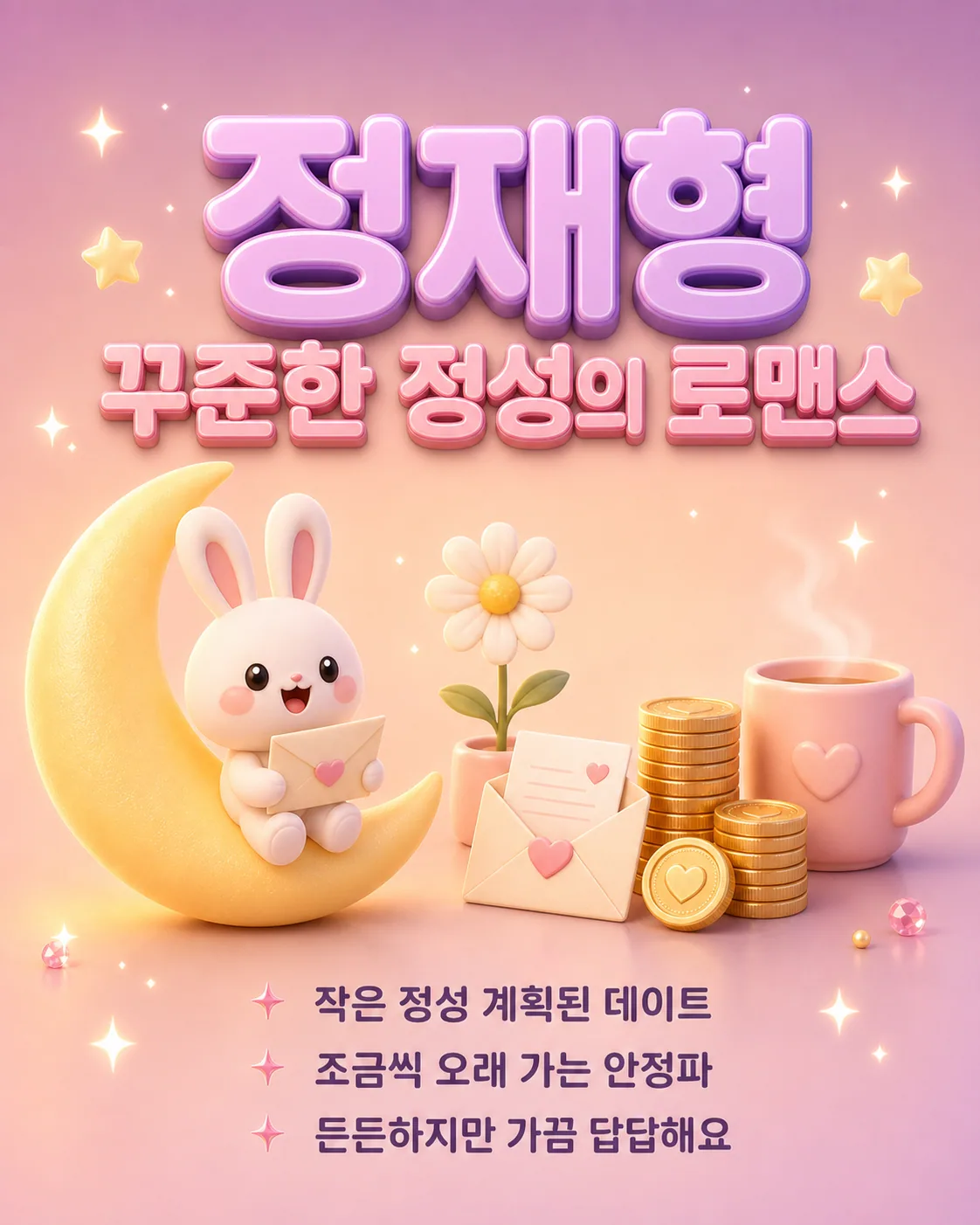 초승달 위 토끼와 편지 봉투, 차 한 잔, 차곡차곡 쌓인 금화가 놓인 정재형 연애 스타일 이미지