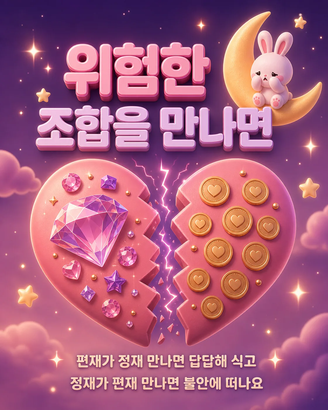 두 갈래로 갈라진 하트 모양 안에 다이아몬드와 금화가 나뉘어 담긴 갈등 테마 이미지