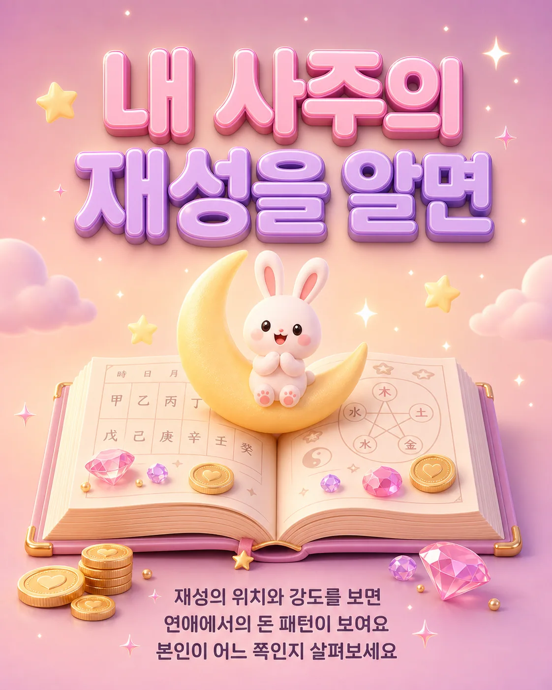 사주가 적힌 책 위에 앉은 토끼와 다이아몬드, 금화가 놓인 사주 분석 테마 이미지
