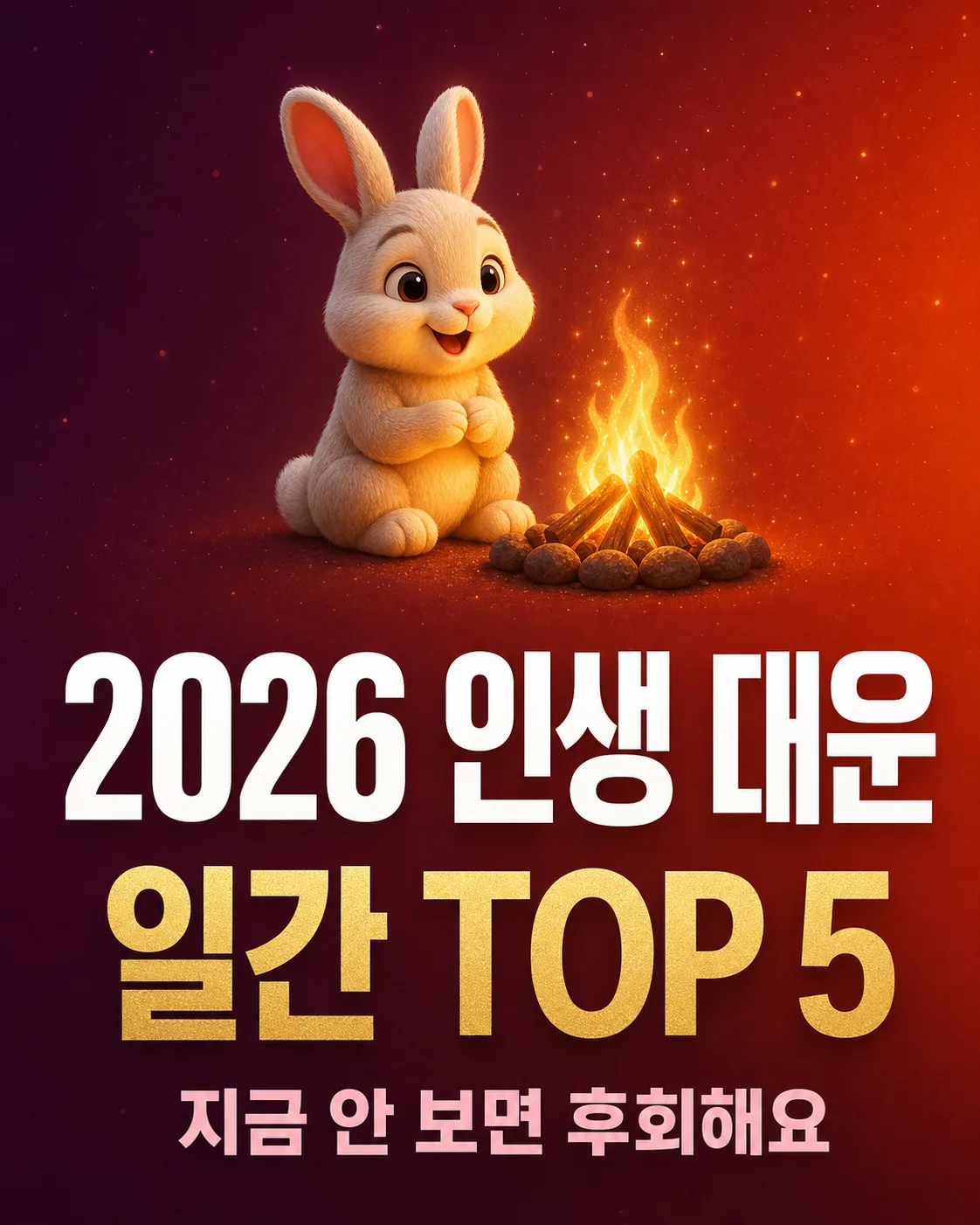 모닥불 앞에 앉아 따뜻한 미소를 짓고 있는 귀여운 토끼 캐릭터