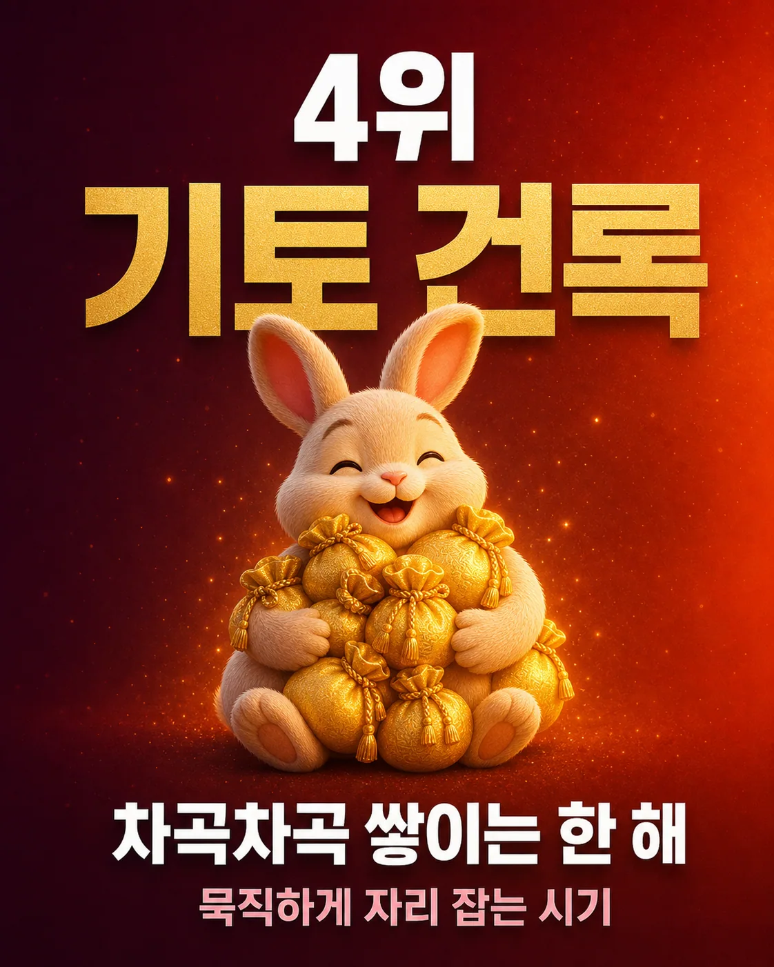 금화가 가득 담긴 주머니들을 품에 안고 행복하게 웃는 토끼