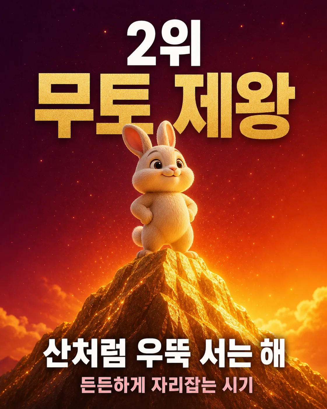 높은 산봉우리 정상에 당당하게 서서 미소 짓는 토끼