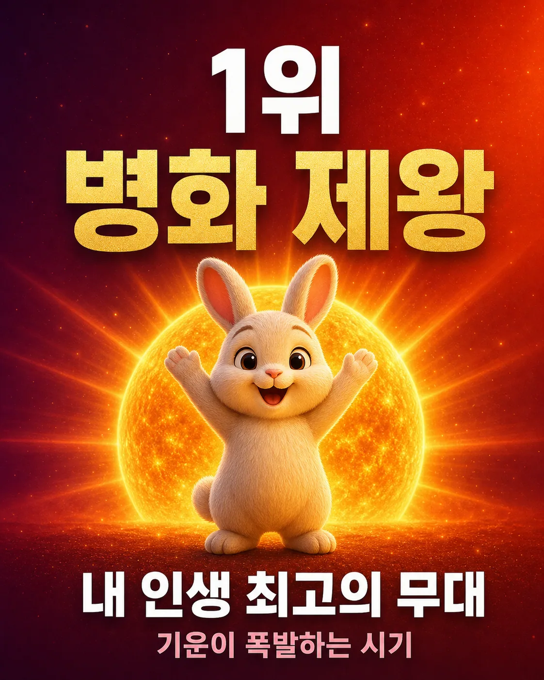 태양처럼 빛나는 거대한 원을 배경으로 두 팔을 벌려 기뻐하는 토끼