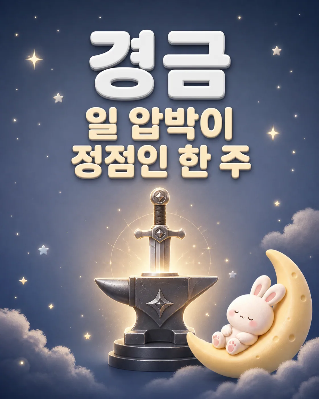 모루 위에 꽂힌 검과 초승달 위 토끼가 그려진 배경에 경금 일 압박이 정점인 한 주라는 문구가 적힘