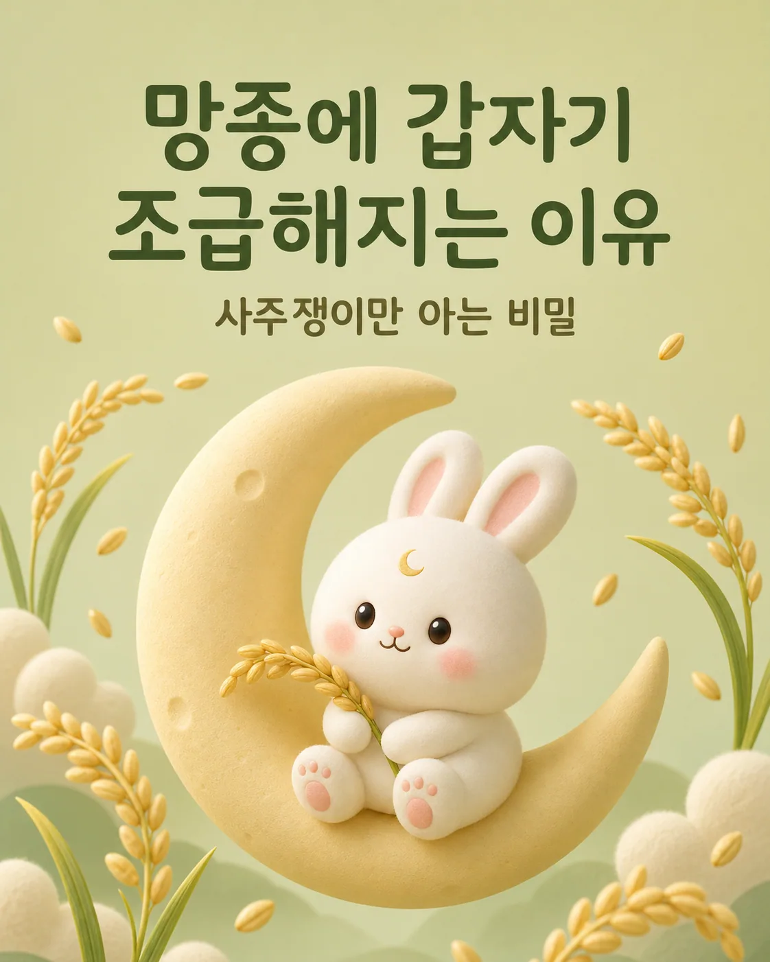 곡식 이삭이 흩날리는 배경에 초승달 위에 앉아 벼 이삭을 들고 있는 귀여운 흰 토끼