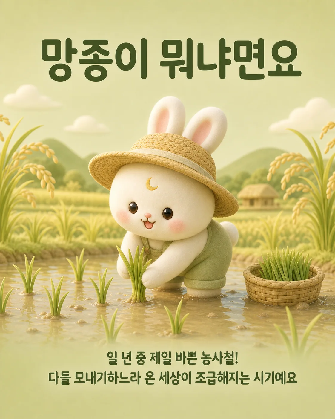 밀짚모자를 쓰고 진흙 논에서 벼 모종을 심고 있는 토끼
