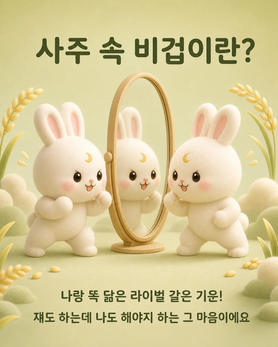 거울을 보며 근육을 키우는 포즈를 취하고 있는 토끼와 그 앞에 있는 또 다른 토끼